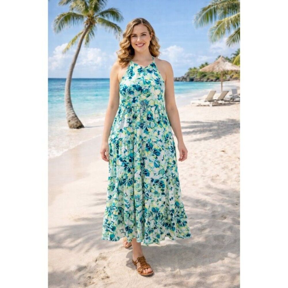 Watercolor Floral Plus Sz 1X Sleeveless Tiered Gauze Halter Maxi Dress TORRID